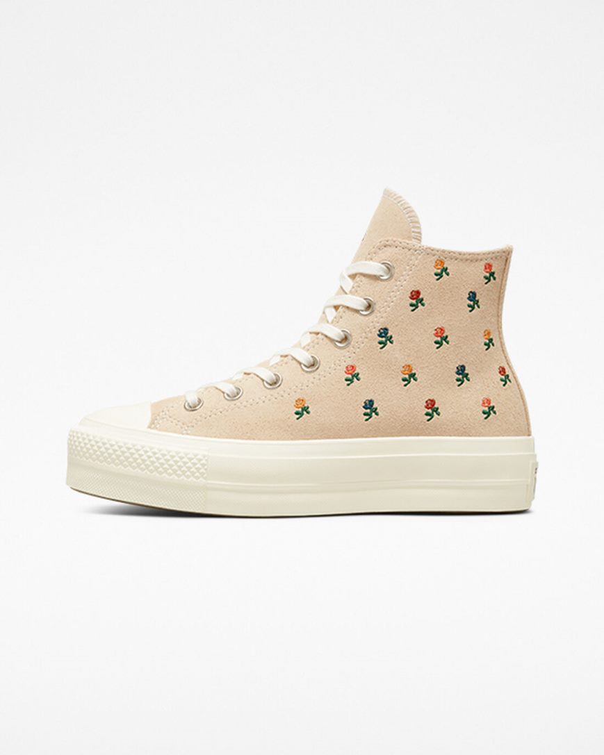 Zapatos Plataforma Converse Chuck Taylor All Star Lift Embroidered Roses Altas Mujer Beige | PE 854PW0